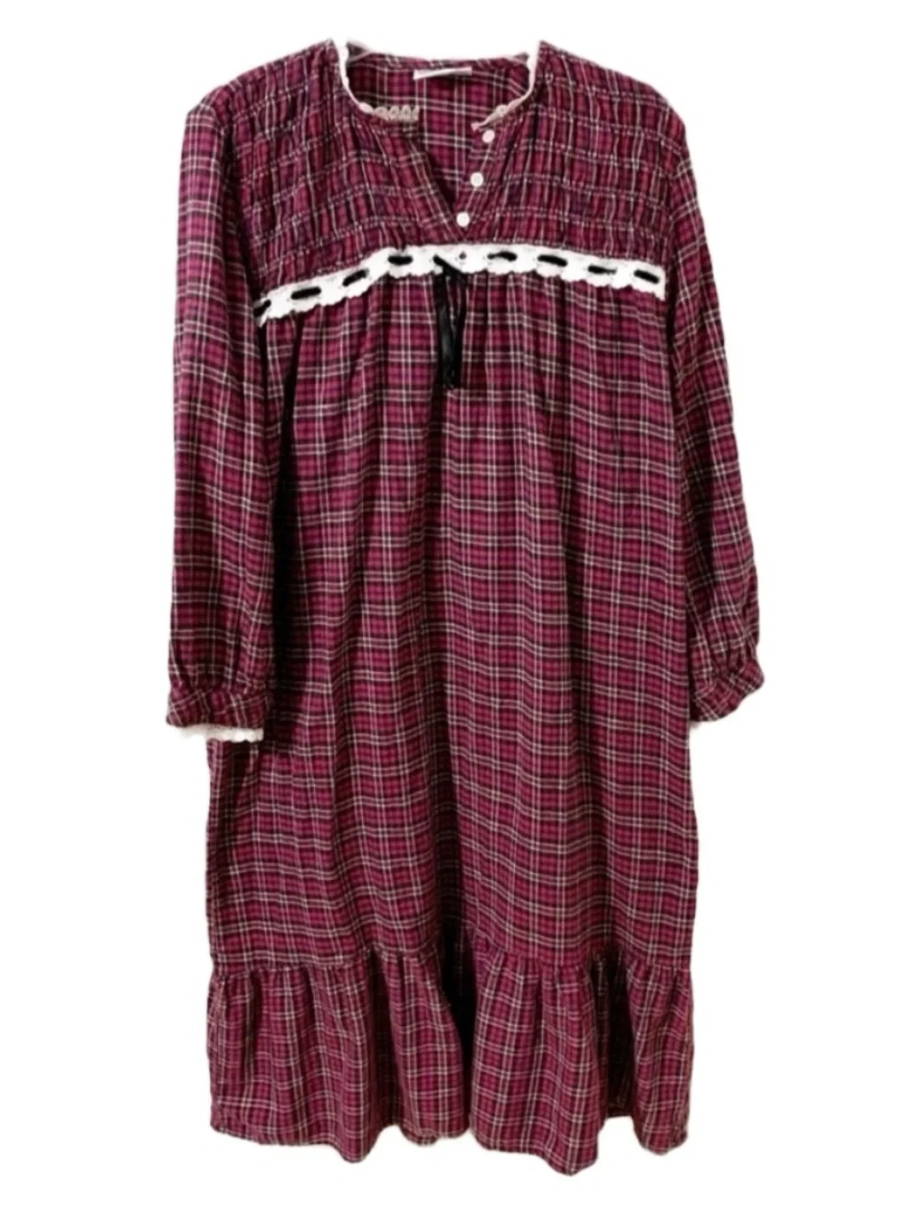 Vintage Castle Harbor Cotton Plaid Flannel Nightgown Ruffle Hem Lace Detail🔴⚫️